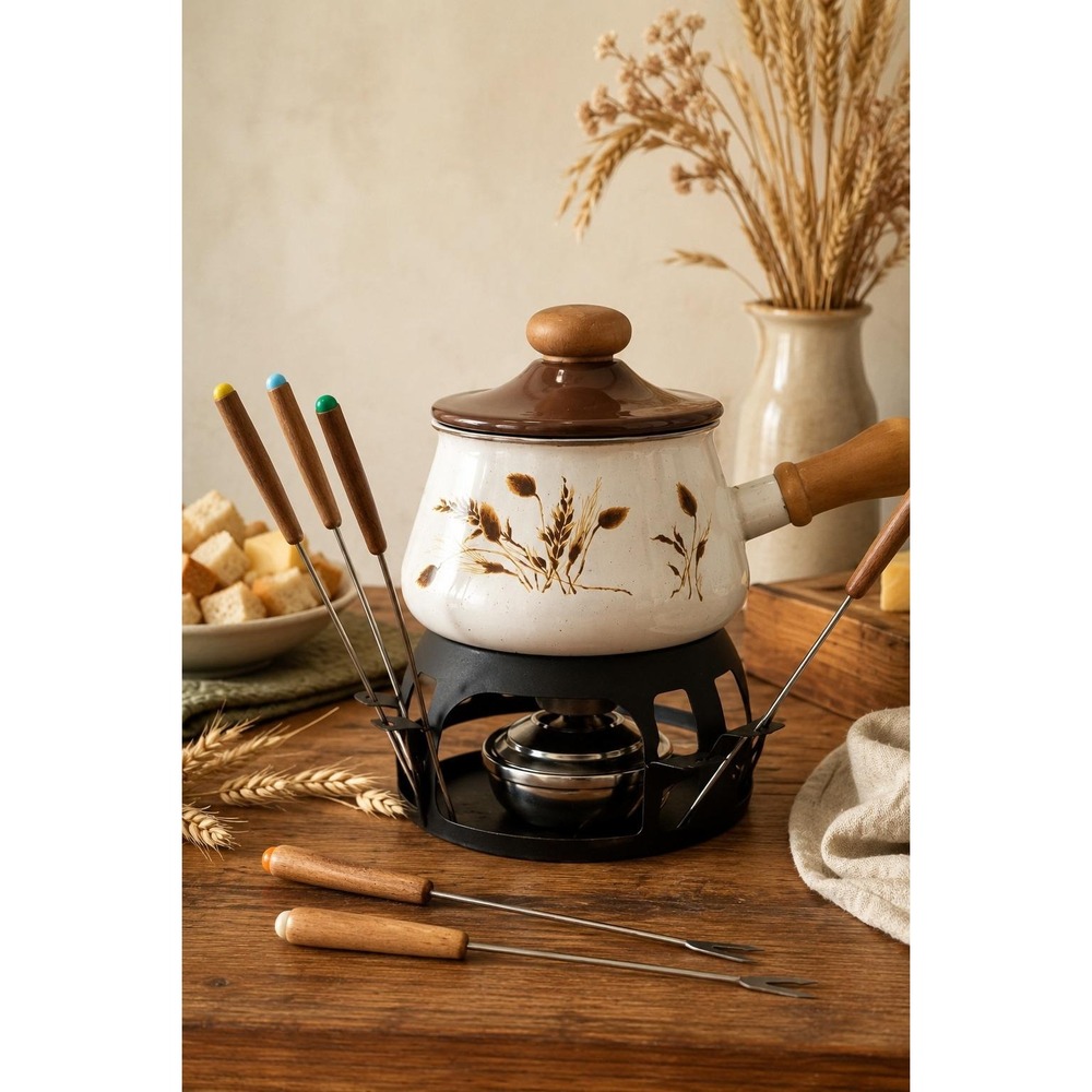 Vintage Enamel Fondue Pot Set Wheat Pattern Wood Handles 6 Forks Original Box